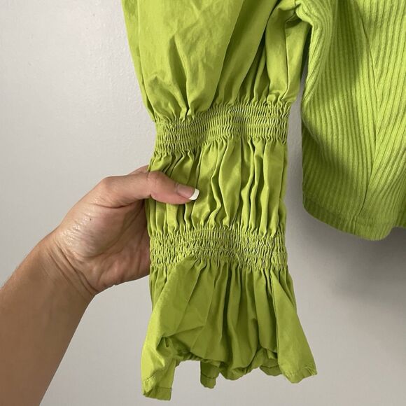 Urban Outfitters Size M Green Big Peasant Puff Sleeve Ribbed Cropped Top - Picture 2 of 8